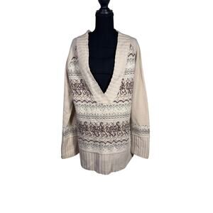 DKNY Jeans Womens XL 100% Lambswool Fair Isle V Neck Sweater Beige Nordic